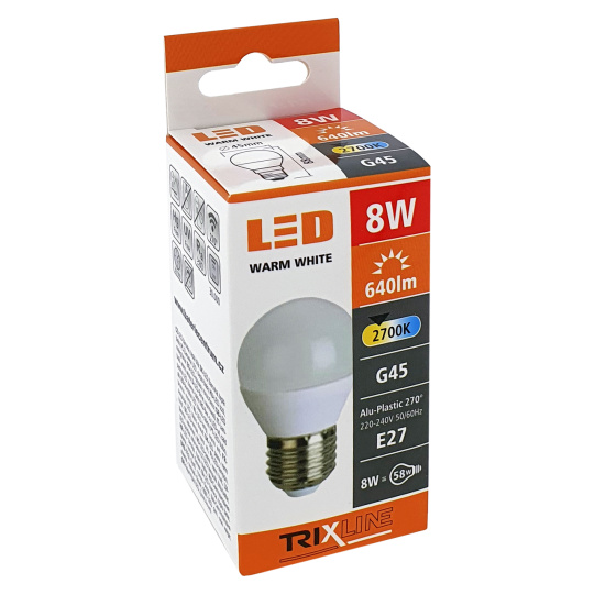 LED žiarovka Trixline 8W E27 G45 teplá biela