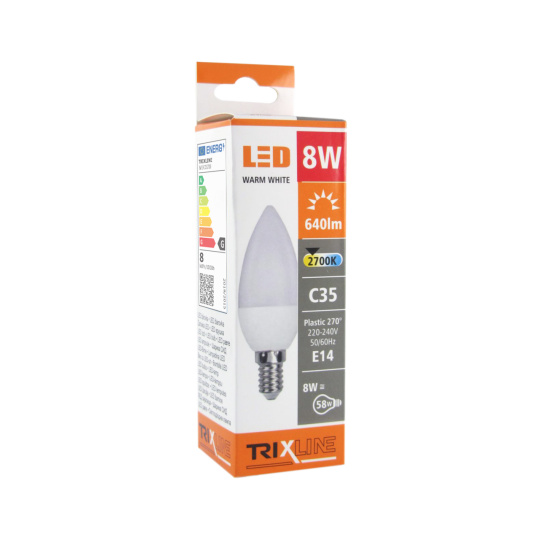 LED žiarovka Trixline 8W E14 C35 teplá biela
